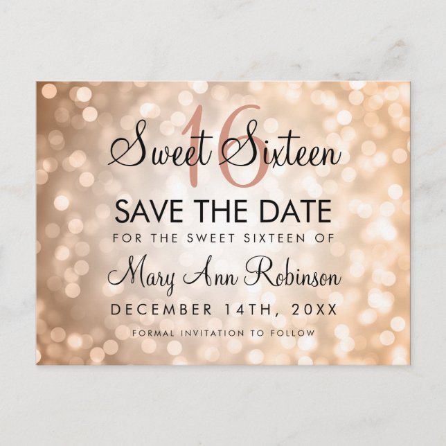 Sweet 16 Save The Date Rose Gold Glitter Lights Announcement Postcard (Front)