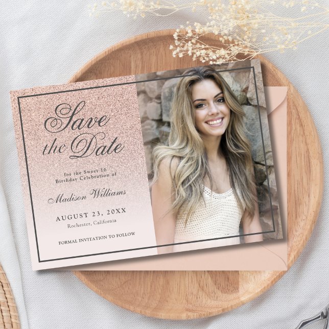 Sweet 16 Save The Date Rose Gold Glitter Photo (Creator Uploaded)