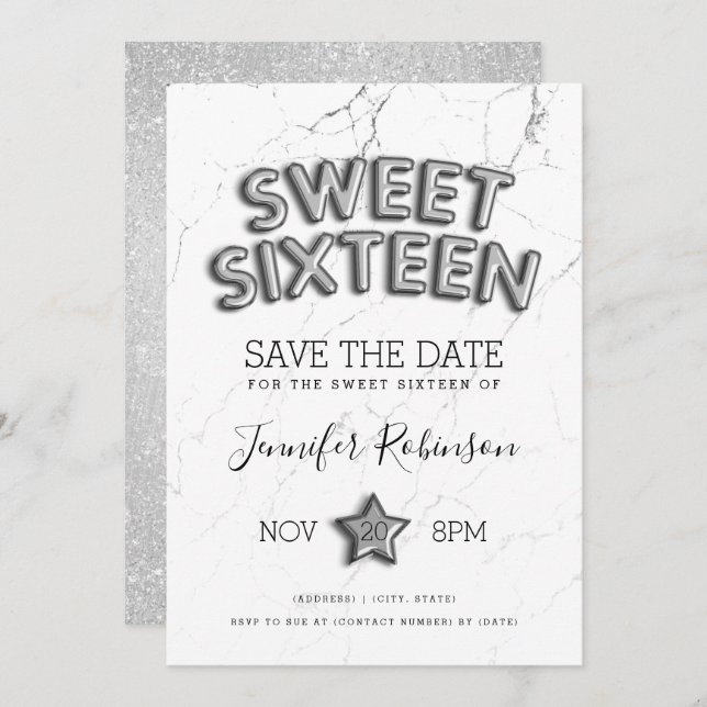 Sweet 16 Save The Date Silver Balloons Glitter Invitation (Front/Back)