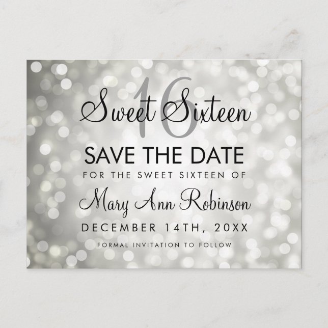 Sweet 16 Save The Date Silver Glitter Lights Announcement Postcard (Front)