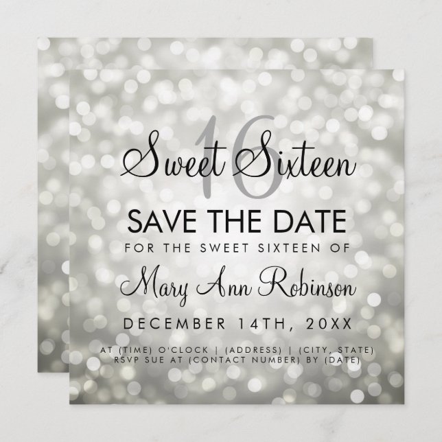 Sweet 16 Save The Date Silver Glitter Lights Invitation (Front/Back)