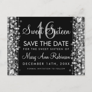 Sweet 16 Save The Date Silver Party Sparkles Announcement Postcard