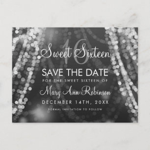 Sweet 16 "Save The Date" Silver String Lights Announcement Postcard