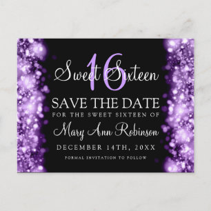Sweet 16 "Save The Date" Sparkling Lights Purple Announcement Postcard