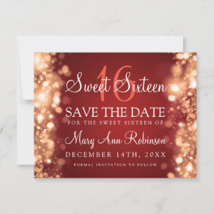 Sweet 16 "Save The Date" Sparkling Lights Red Gold Save The Date
