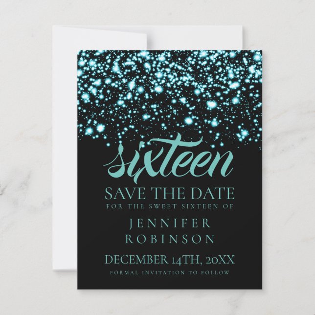 Sweet 16 "Save The Date" Teal Midnight Glam Save The Date (Front)