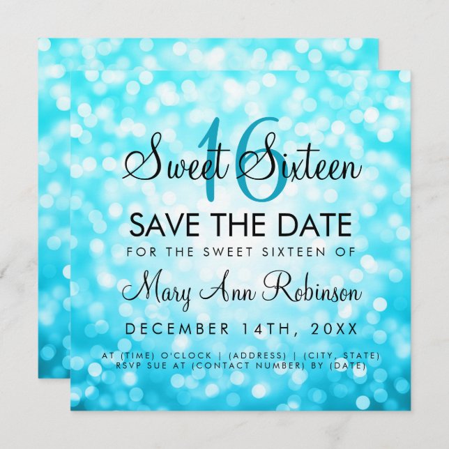 Sweet 16 Save The Date Turquoise Glitter Lights Invitation (Front/Back)