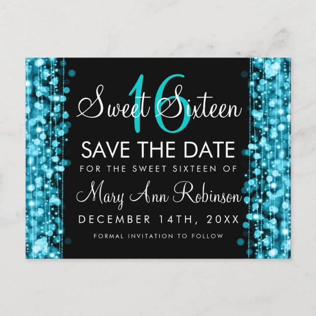 Sweet 16 Save The Date Turquoise Party Sparkles Announcement Postcard (Front)