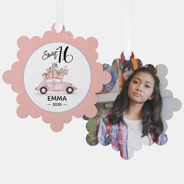 Sweet 16 Script Car Photo Snowflake Ornament (Front/Back)