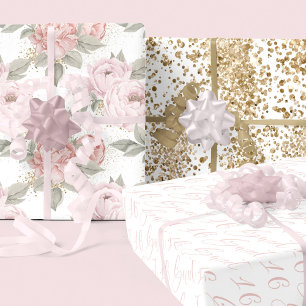 Sweet 16 Script Elegant Gold Glitter Peony Floral Wrapping Paper Sheet