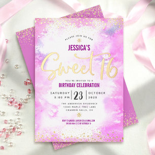 Sweet 16 Script Pink Watercolor Girly Real Gold