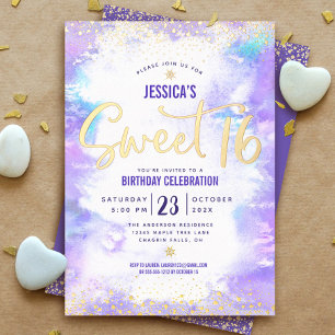 Sweet 16 Script Purple Watercolor Glam Real Gold