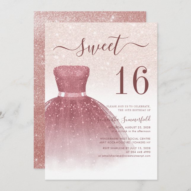 Sweet 16 Script Rose Gold Glitter Birthday Invitation (Front/Back)
