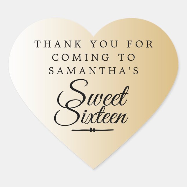 Sweet 16 Shiny Gold Ombre Thank You Custom Name Heart Sticker (Front)