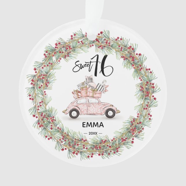 Sweet 16 Signature Script Car Greenery Ornament (Front)
