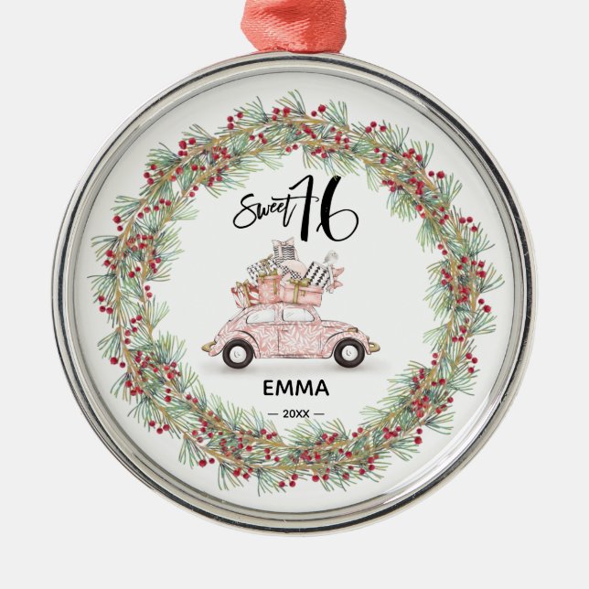 Sweet 16 Signature Script Car Greenery Ornament (Front)