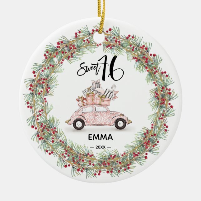 Sweet 16 Signature Script Car Photo Greenery Ceramic Ornament (Front)