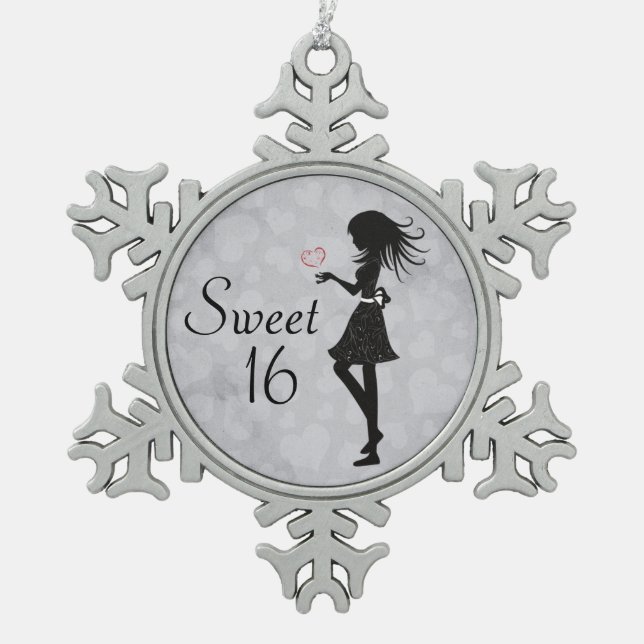 Sweet 16 Silhouette Girl and Hearts Sweet Sixteen Snowflake Pewter Christmas Ornament (Front)