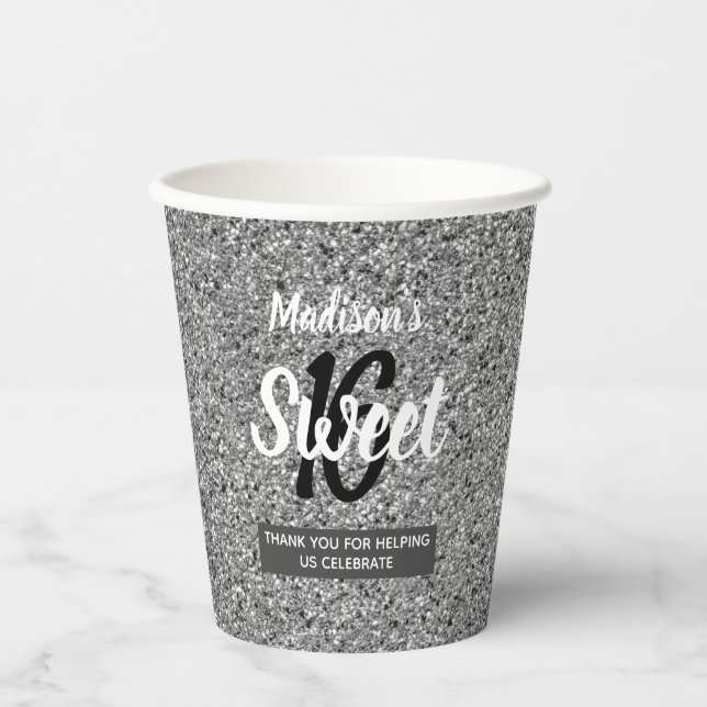 Sweet 16 Silver Black Glitter Personalised Paper Cups (Front)