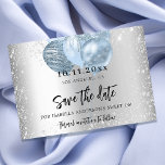 Sweet 16 silver blue balloons save the date announcement postcard<br><div class="desc">A girly and trendy Save the Date card for a Sweet 16, 16th birthday party. A faux silver looking background decorated with faux silver glitter dust and blue balloons. Personalise and add a date and name/age. The text: Save the Date is written with a large trendy hand lettered style script....</div>