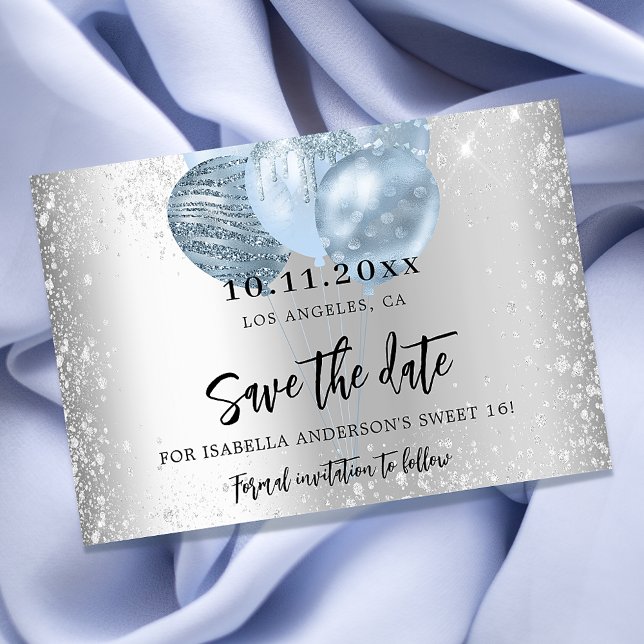 Sweet 16 silver blue balloons save the date announcement postcard (Creator Uploaded)