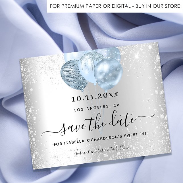 Sweet 16 silver blue budget save the date flyer (Creator Uploaded)