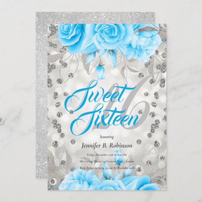 Sweet 16 | Silver Blue Floral Glitter | Birthday Invitation (Front/Back)