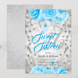 Sweet 16   Silver Blue Floral Glitter   Birthday Invitation
