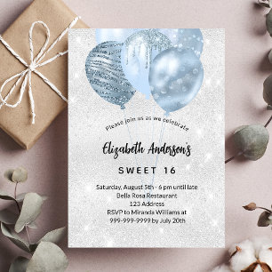 Sweet 16 silver blue glitter balloons glamourous invitation