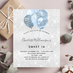 Sweet 16 silver blue glitter budget invitation flyer