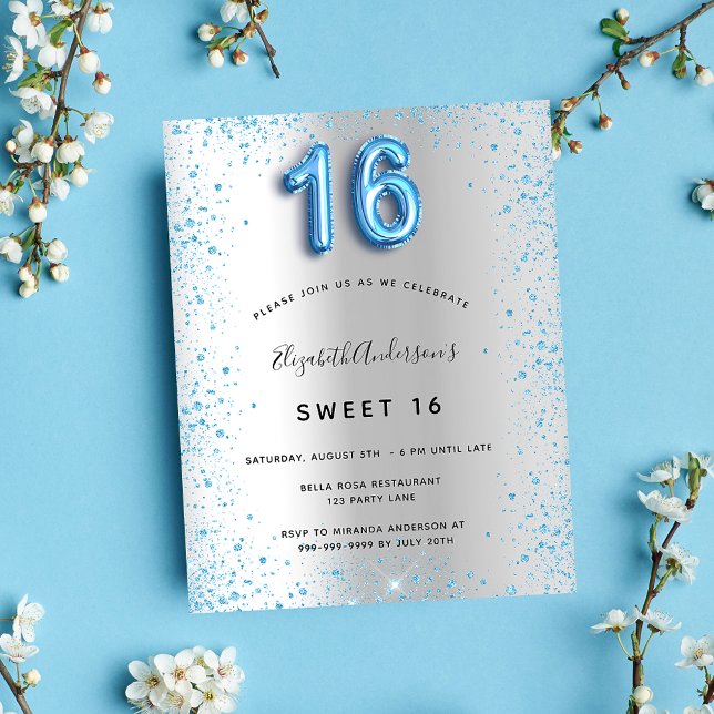 Sweet 16 silver blue glitter budget invitation flyer (Creator Uploaded)