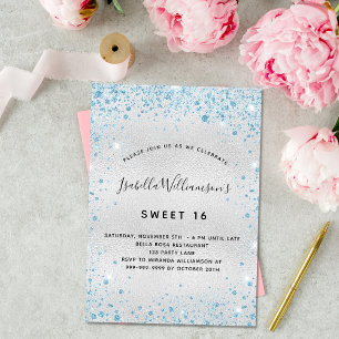 Sweet 16 silver blue glitter dust sparkle invitation postcard