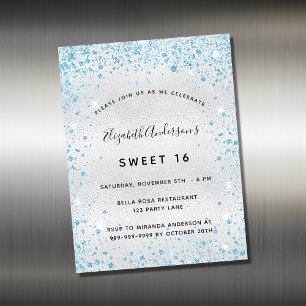 Sweet 16 silver blue glitter invitation magnet