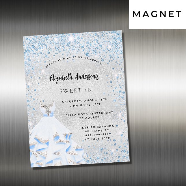 Sweet 16 silver blue sparkles party luxury magnetic invitation (Creator Uploaded)