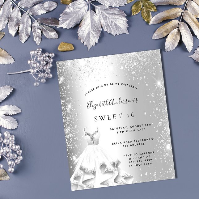 Sweet 16 silver dress glitter budget invitation flyer (Creator Uploaded)