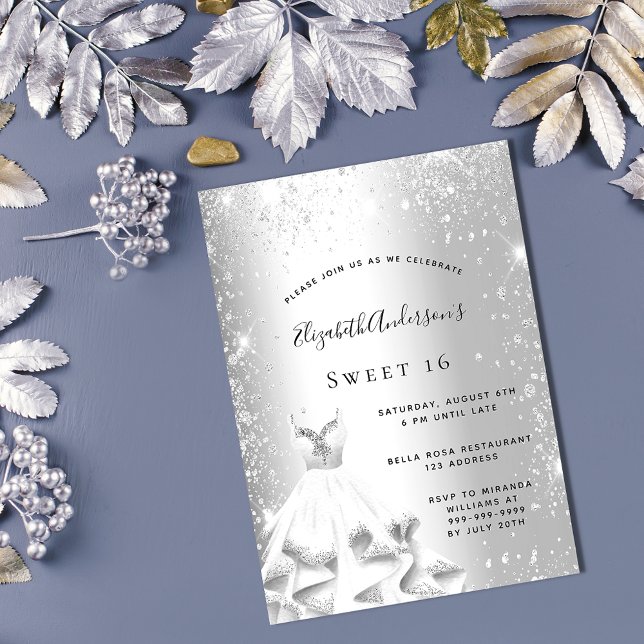 Sweet 16 silver dress glitter glamorous invitation (Creator Uploaded)