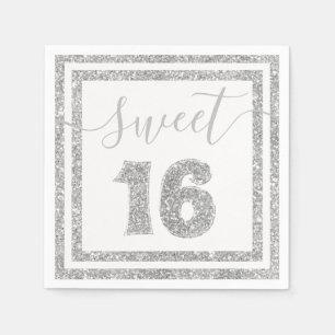 Sweet 16 Silver Faux Glitter Stripe Birthday Part Napkin