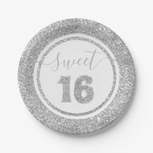 Sweet 16 Silver Faux Glitter Stripe Birthday Party Paper Plate
