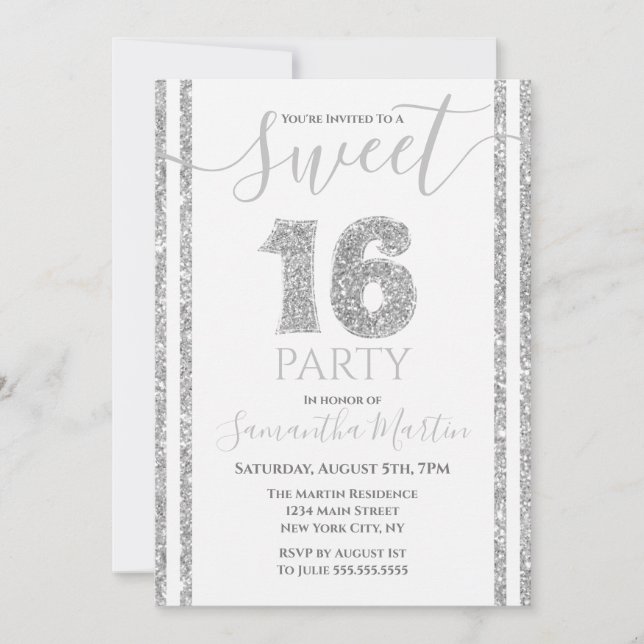 Sweet 16 Silver Faux Glitter Striped Birthday Invitation (Front)