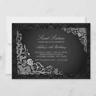 Sweet 16   Silver Floral Damask Invite