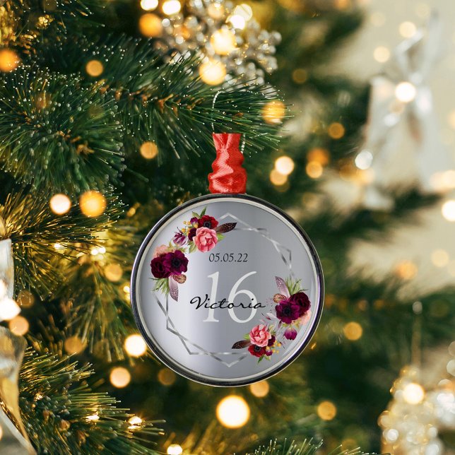 Sweet 16 silver floral geometric burgundy name metal ornament (Creator Uploaded)