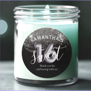 Sweet 16 Silver Glitter Black &  Balloon Number Classic Round Sticker