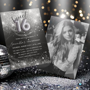 Sweet 16 Silver Glitter & Black Birthday Party Invitation