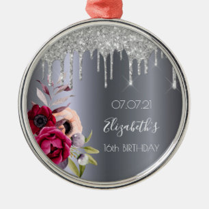 Sweet 16 silver glitter drips floral burgundy metal ornament