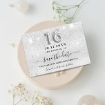 Sweet 16 silver glitter drips party save the date announcement postcard<br><div class="desc">A girly and trendy Save the Date card for a Sweet 16, 16th birthday party. A faux silver looking background decorated with faux glitter drips, paint dripping look. Personalise and add a date and name. Black coloured letters. The text: Save the Date is written with a large trendy hand lettered...</div>