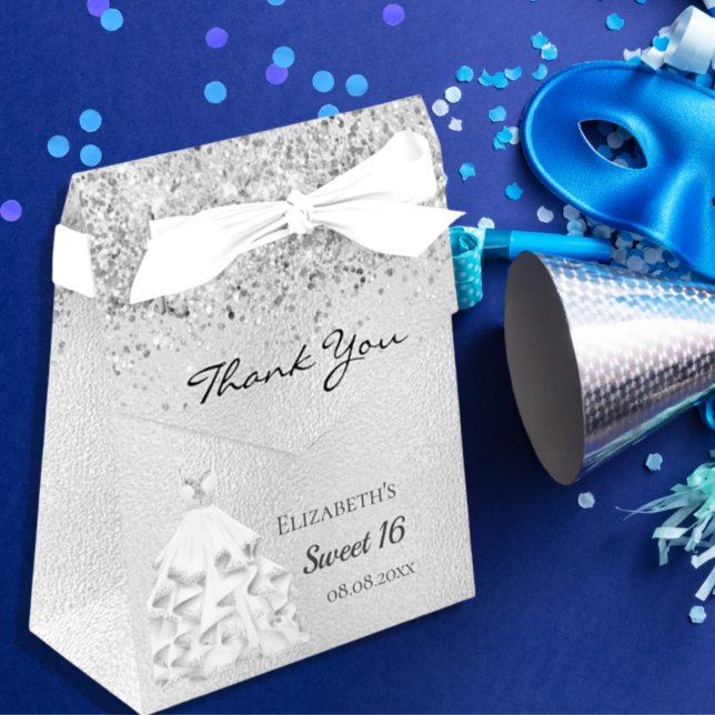 Sweet 16 silver glitter dust dress thank you favour box (Creator Uploaded)