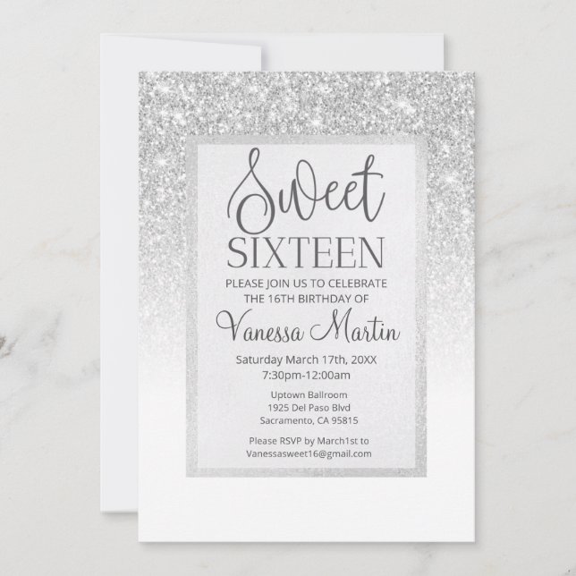 Sweet 16 Silver Glitter Glamourous Party Invitatio Invitation (Front)