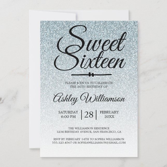 Sweet 16 Silver Glitter Ombre 16th Birthday  Invitation (Front)