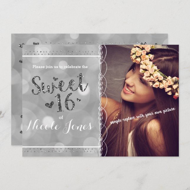SWEET 16 Silver Glitter Party Photo Invitation (Front/Back)
