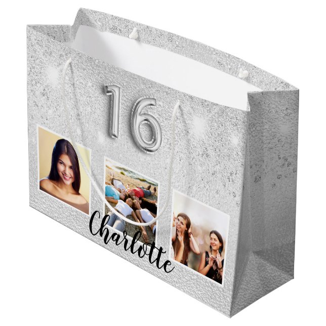 Sweet 16 silver glitter photo monogram large gift bag (Back Angled)